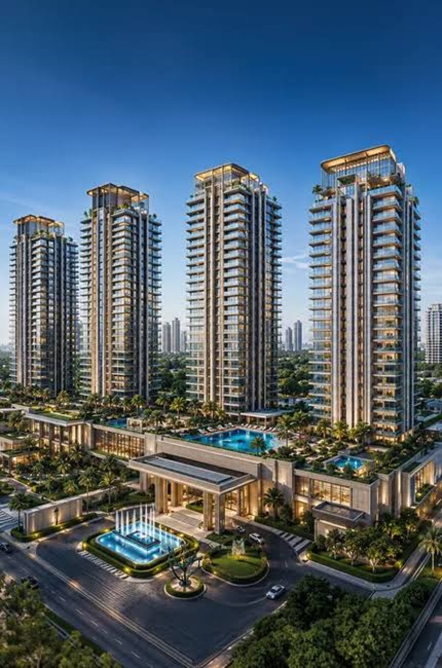 DLF The Aureva — architect's render of towers and pool deck